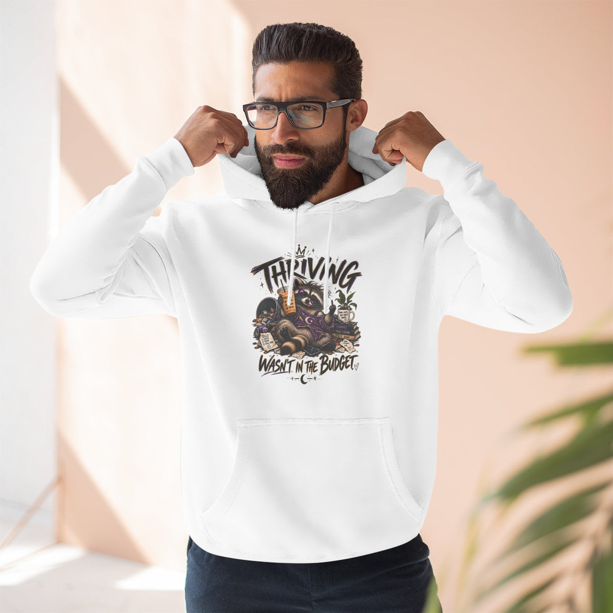 Hoodie - "Thriving, Not in the Budget" Retro Raccoon Graphic Fleece Hoodie