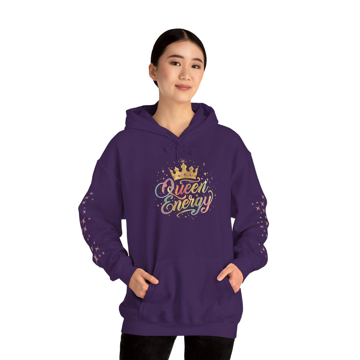 Queen Energy Hoodie — Feminine Crown Graphic Pullover with Star Sleeve Accents