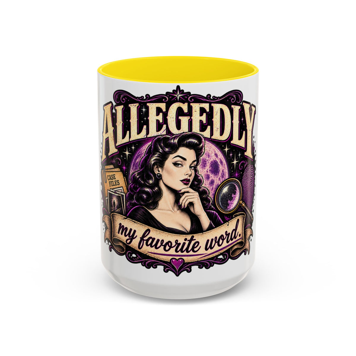 Allegedly Coffee Mug — Retro Pinup Mystery Design