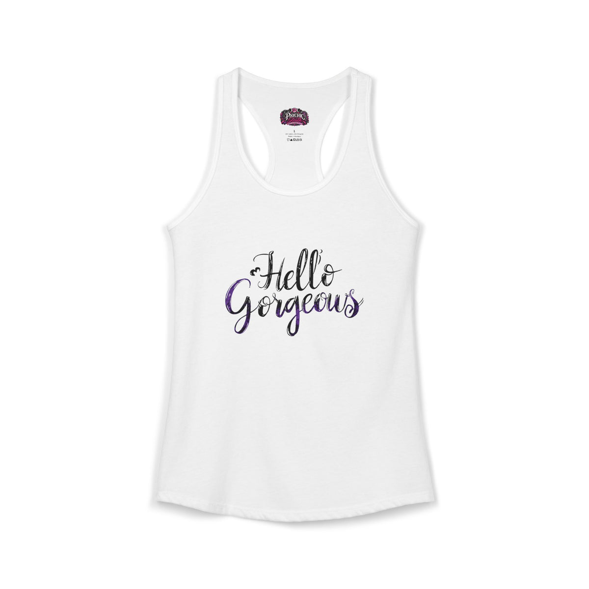 Hello Gorgeous Black and purple Racerback Tank
