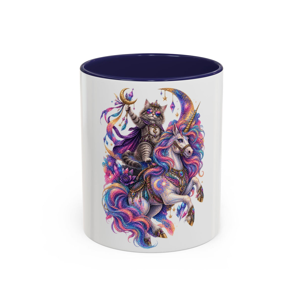 Magical Cat Knight on Unicorn Accent Coffee Mug — Colorful Fantasy 11/15oz