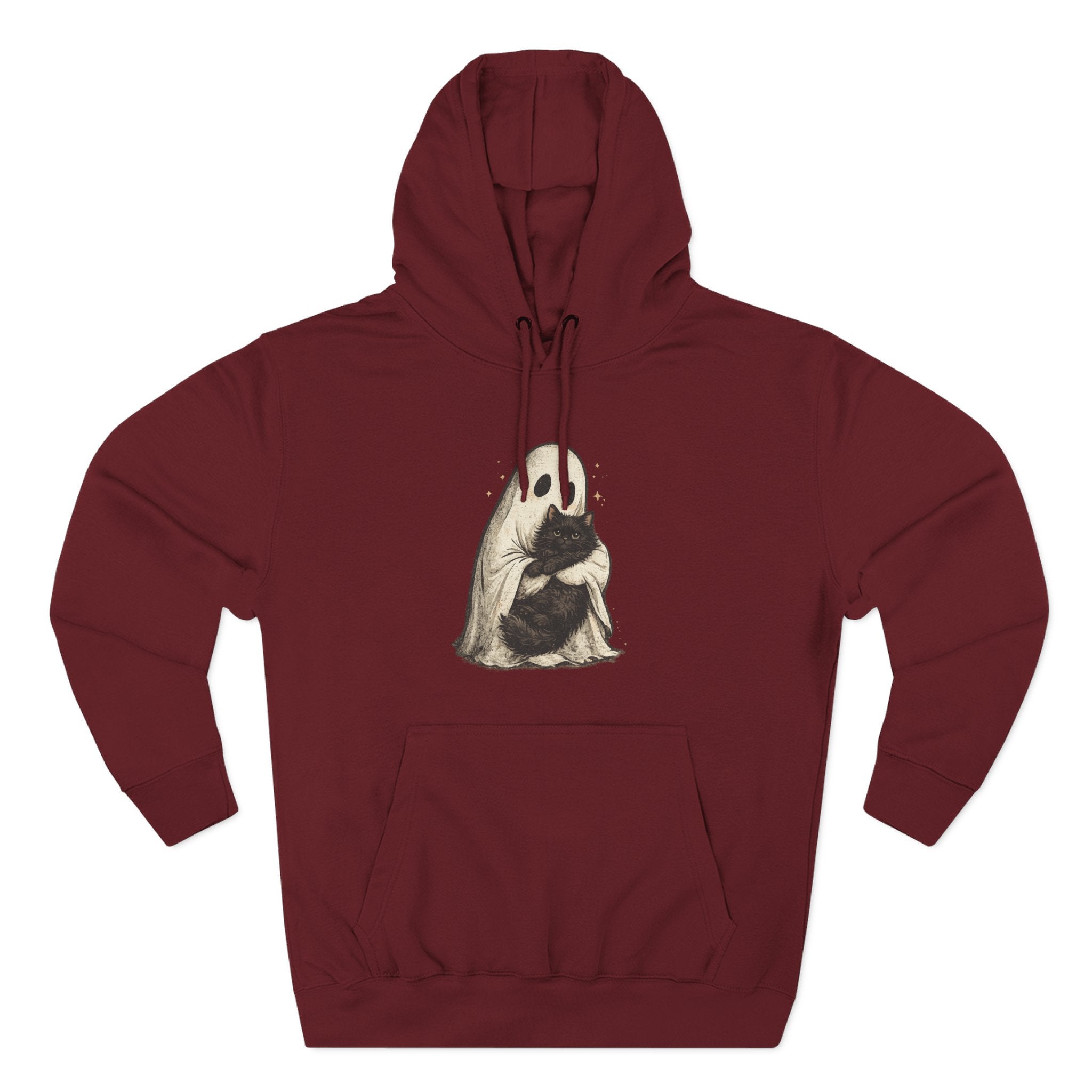 Ghost Hugging Black Cat Fleece Hoodie — Cute Ghost Hugging Black Cat Cozy Pullover