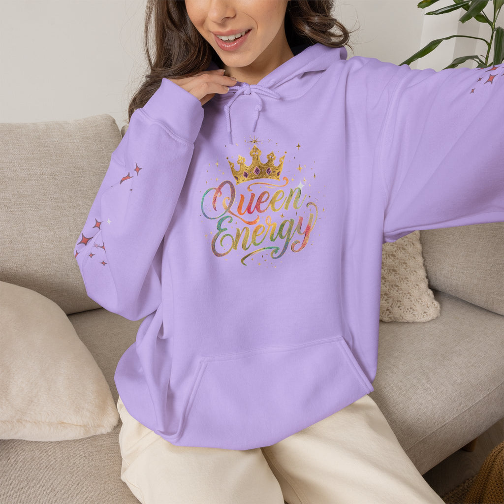 Queen Energy Hoodie — Feminine Crown Graphic Pullover with Star Sleeve Accents