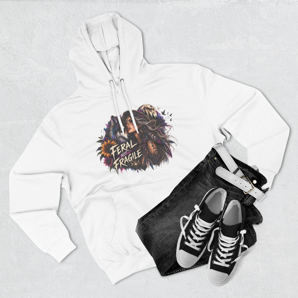 Feral Not Fragile Wolf & Woman Graphic Hoodie — Wildlife Fleece Pullover