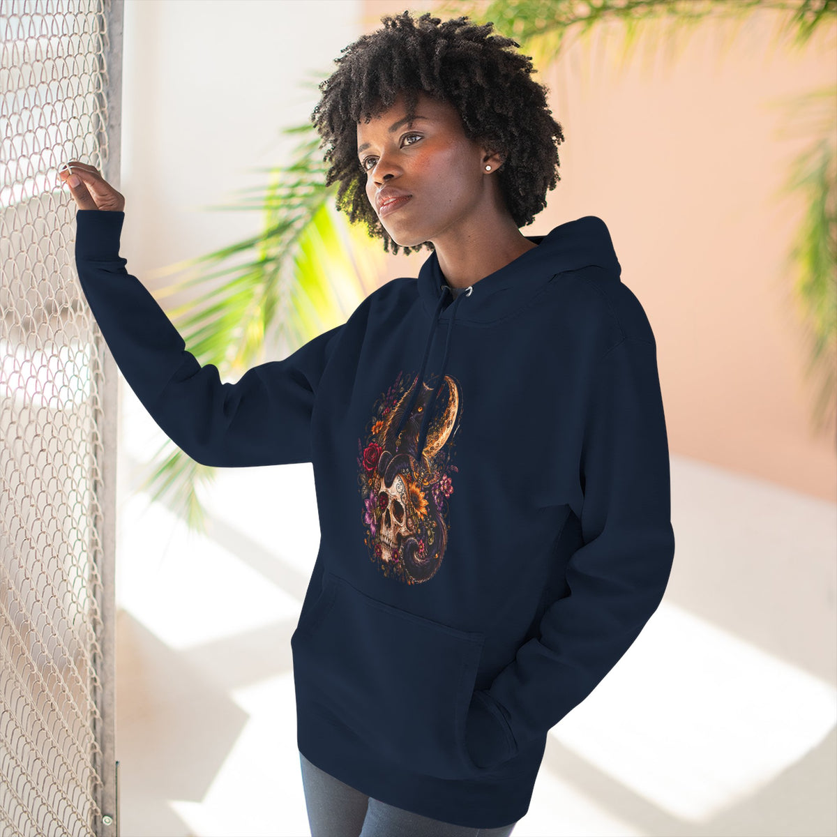 Skull & Cat Hoodie — Romantic Gothic Celestial Moon Graphic Fleece Pullover