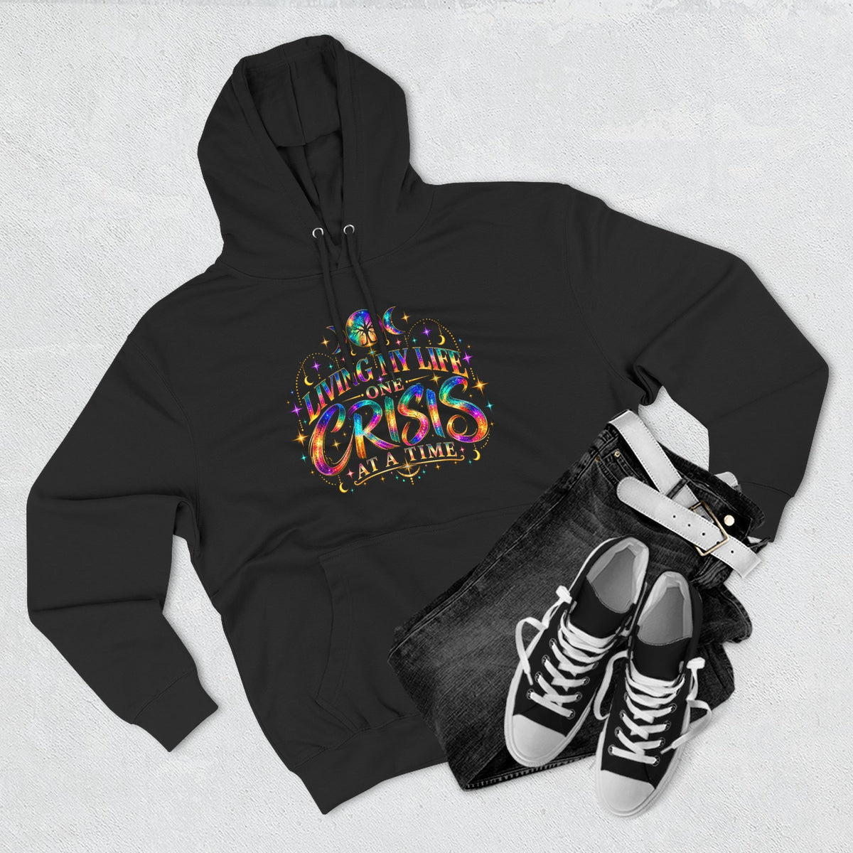 Hoodie — "Living My Best One Crisis At A Time" Colorful Retro Graphic
