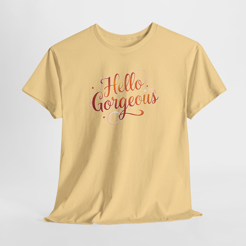 Hello Gorgeous Sunset T-Shirt — Feminine Script Graphic Tee