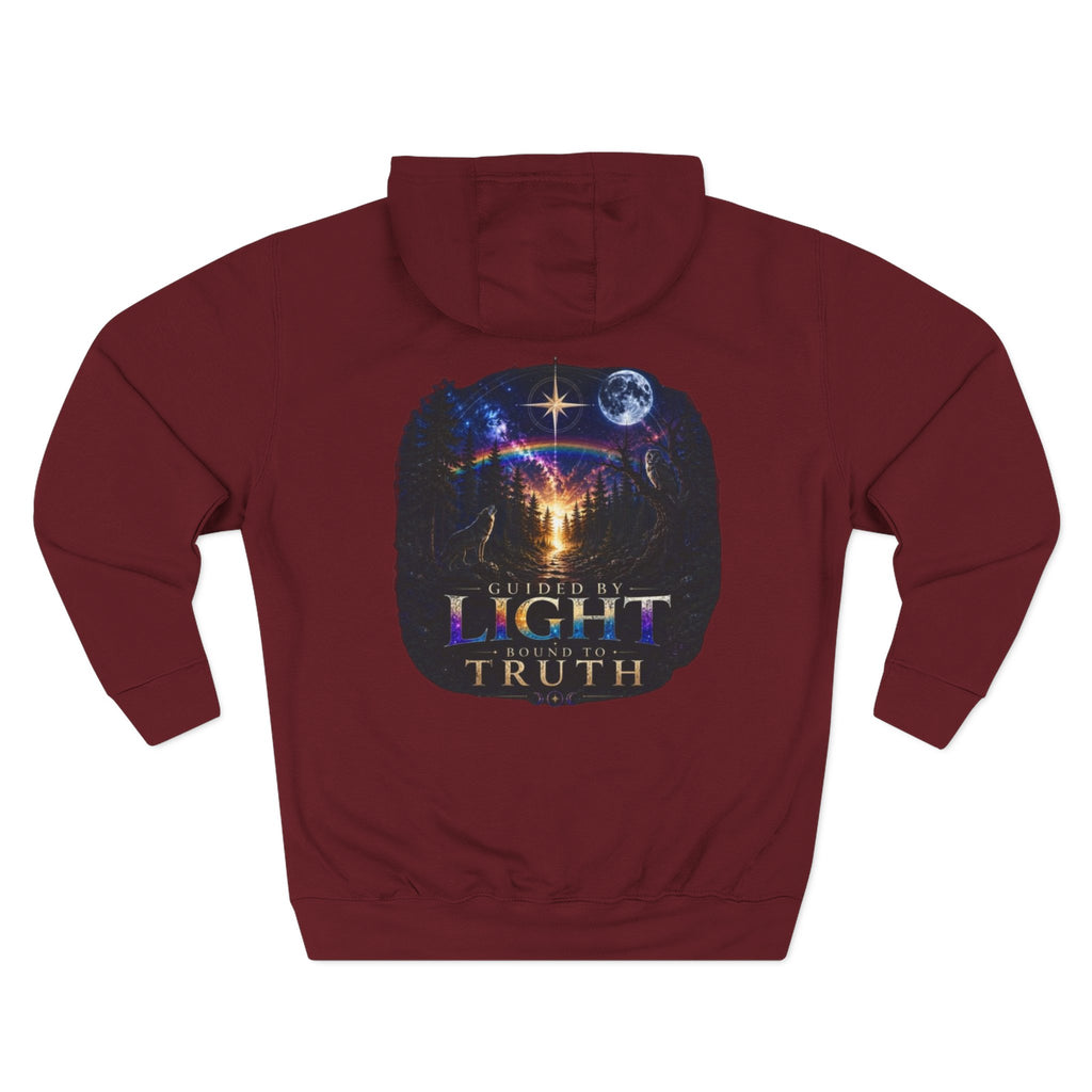 Guided by Light Bound toTruth Fleece Hoodie — Spiritual Galaxy Chest Emblem & Backscape Design