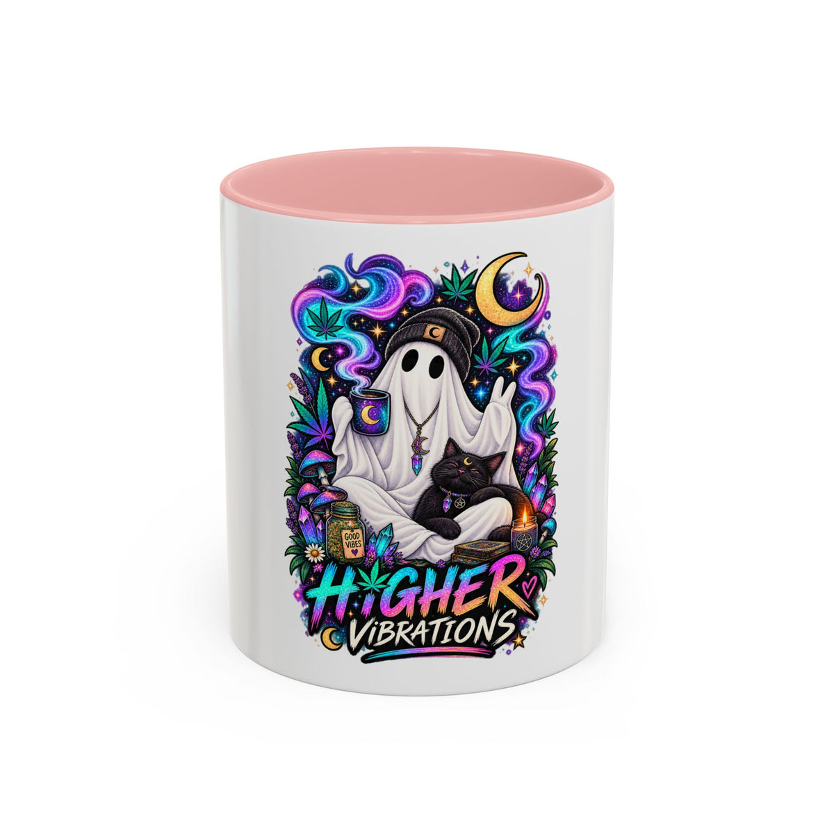 Higher Vibrations Coffee Mug — Cute Ghost & Cat Accent Mug (11/15 oz)