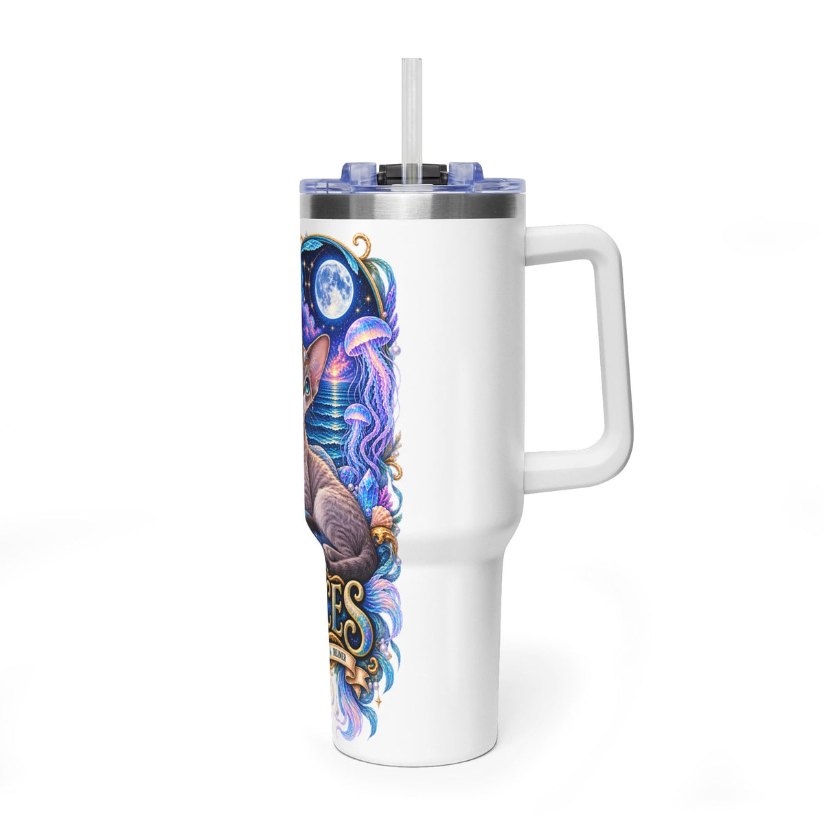 Pisces Devon Rex Cat 40oz Tumbler — Zodiac Vacuum Insulated Travel Cup