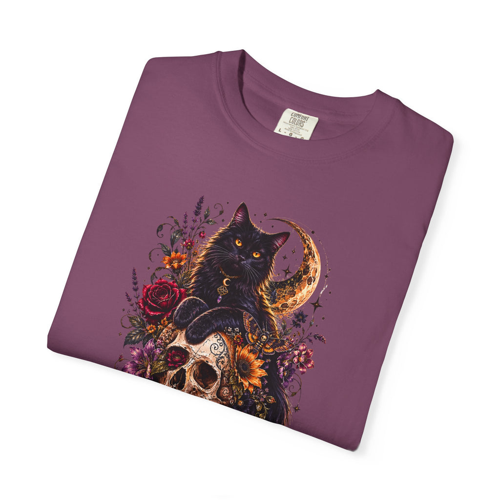 Cat & Skull Gothic T-Shirt — Black Cat Moon Floral Graphic Tee