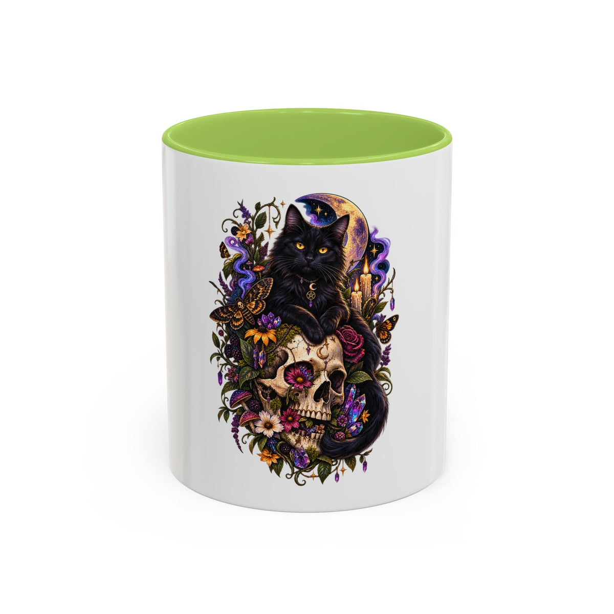 Black Cat & Skull Floral Accent Coffee Mug — Gothic Halloween Coffee Cup (11/15oz)