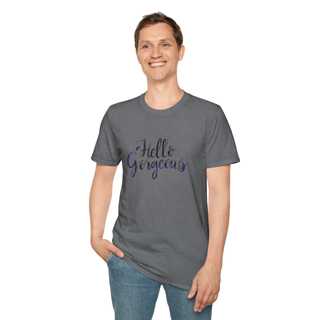 T-Shirt — "Hello Gorgeous" Purple Black Script Graphic Tee