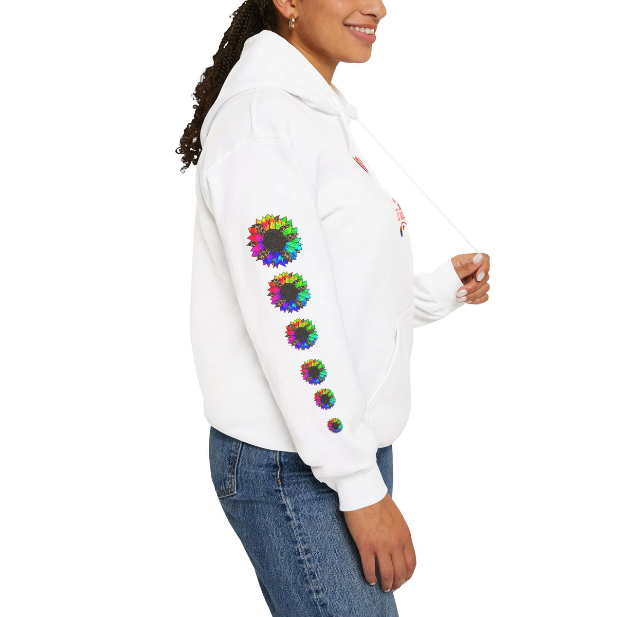 Inspirational Floral Hoodie – "Your Smile is Kind & Beautiful" Rainbow Sunflower Cozy Pullover