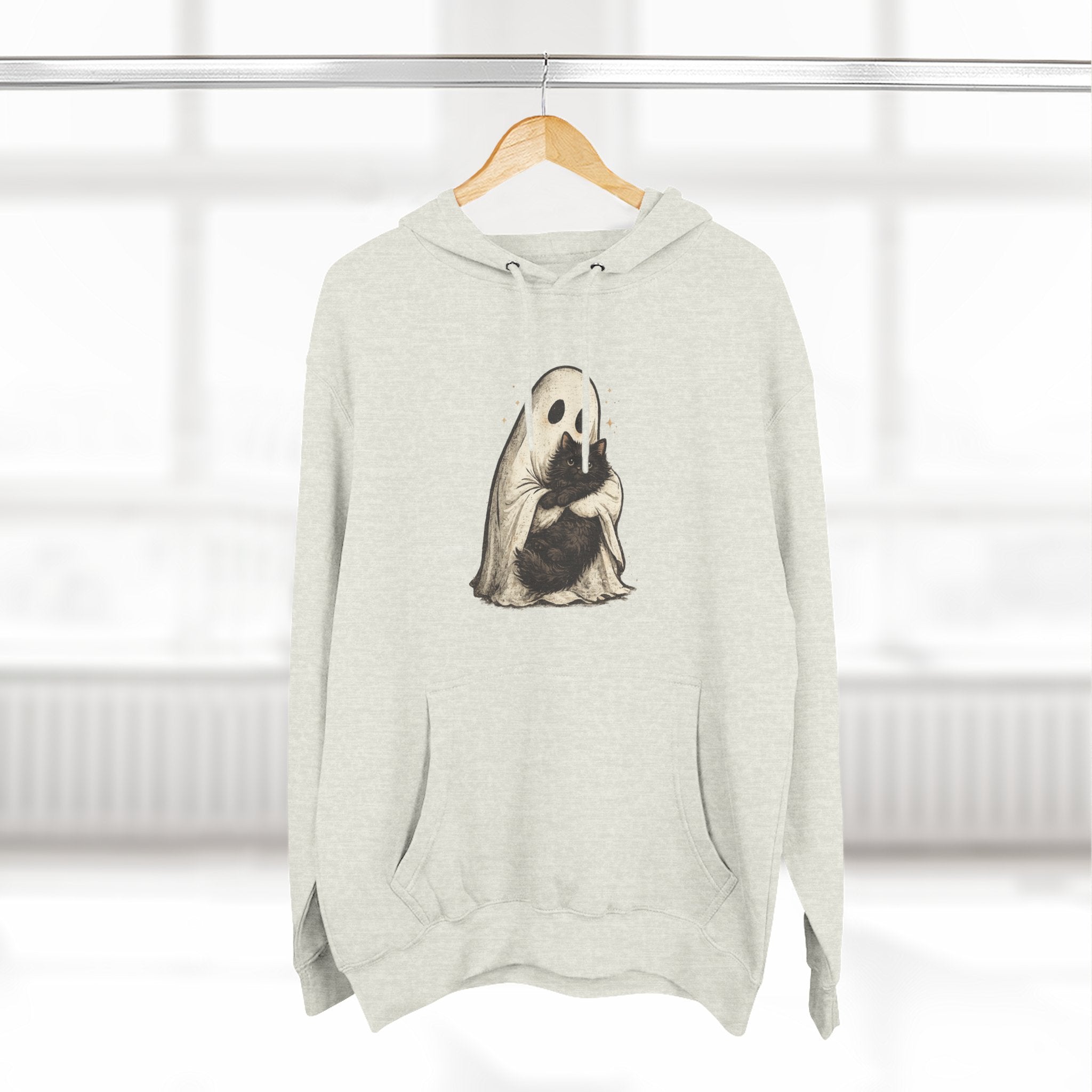 Ghost Hugging Black Cat Fleece Hoodie — Cute Ghost Hugging Black Cat Cozy Pullover