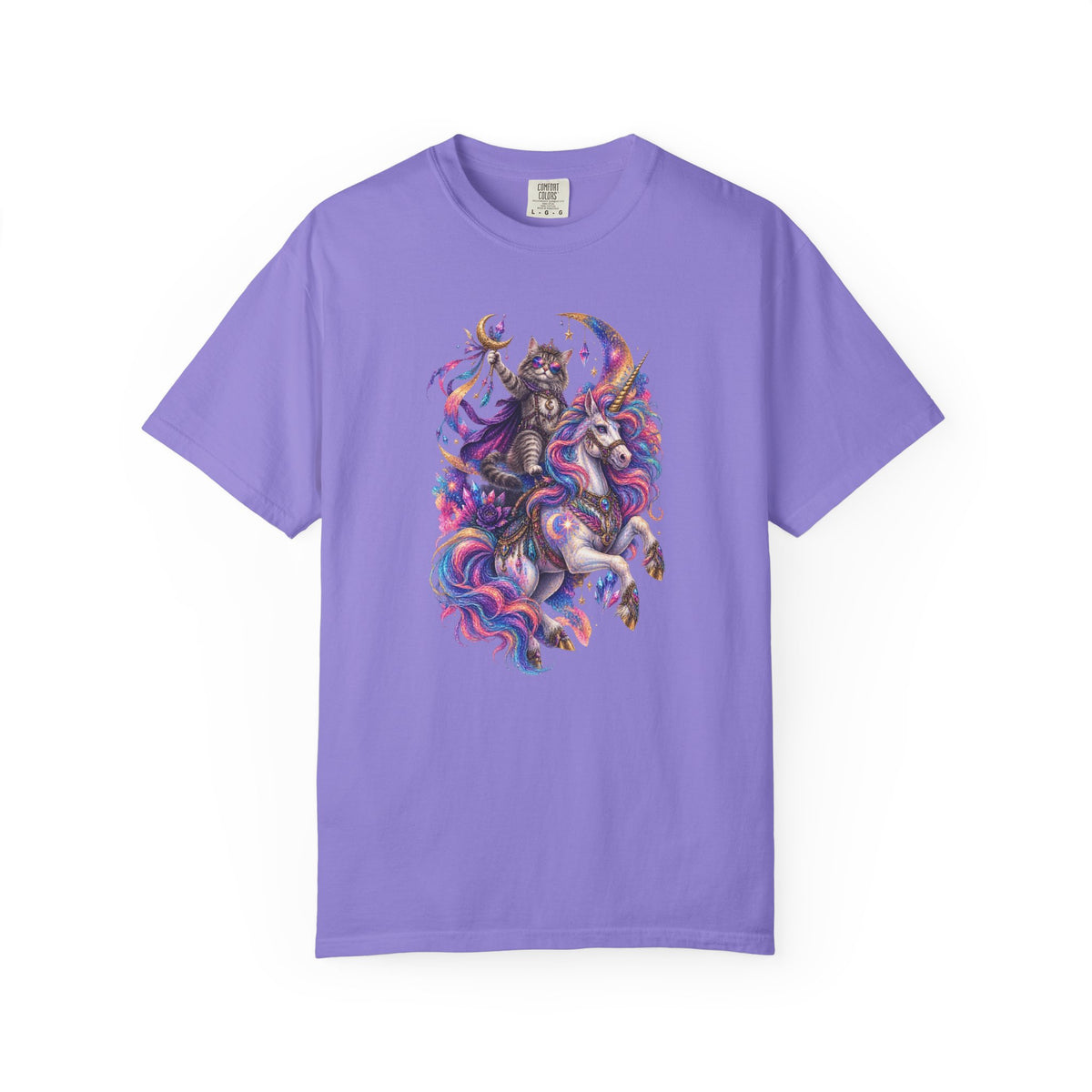 Cat Riding a Mystical Unicorn Horse Graphic T-Shirt — Colorful Cosmic Mane Art Tee