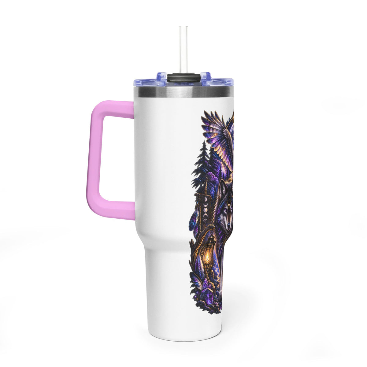 40oz Vacuum Tumbler — Wolf & Owl Spiritual Guide Stainless Travel Mug