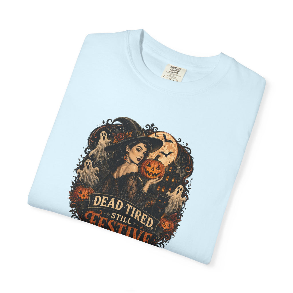 Halloween Graphic T-Shirt — "Dead Tired but Festive" Vintage Horror Pumpkin Tee