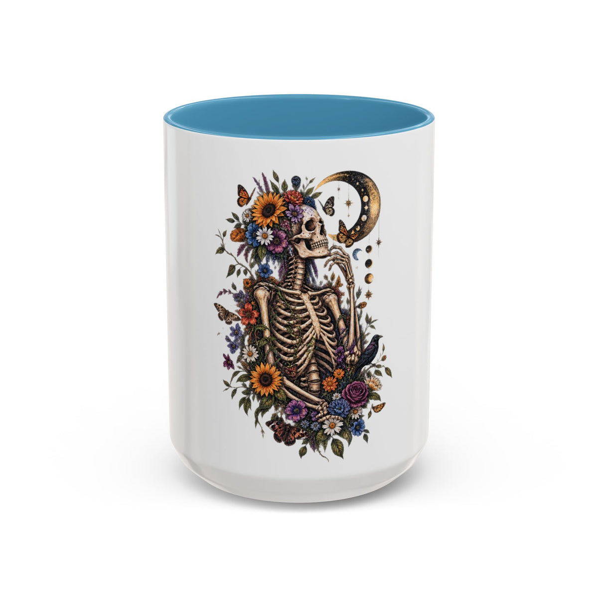 Skull & Moon Floral Coffee Mug — Gothic Botanical Accent Mug