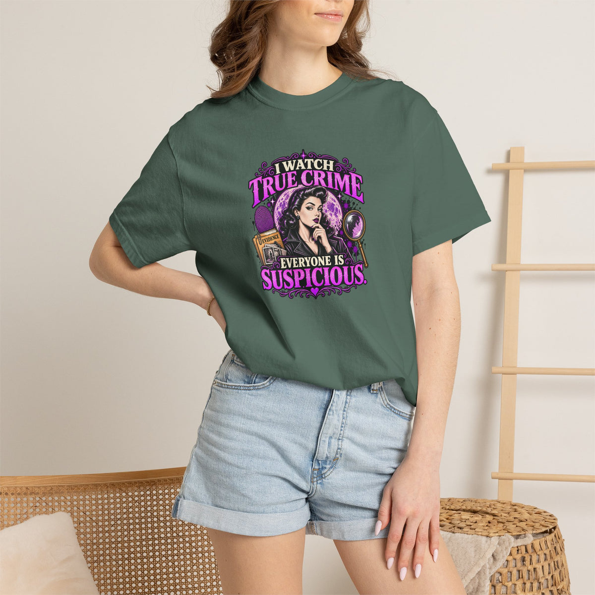 True Crime T-Shirt — "I Watch True Crime, Everyone Is Suspicious" Graphic Tee