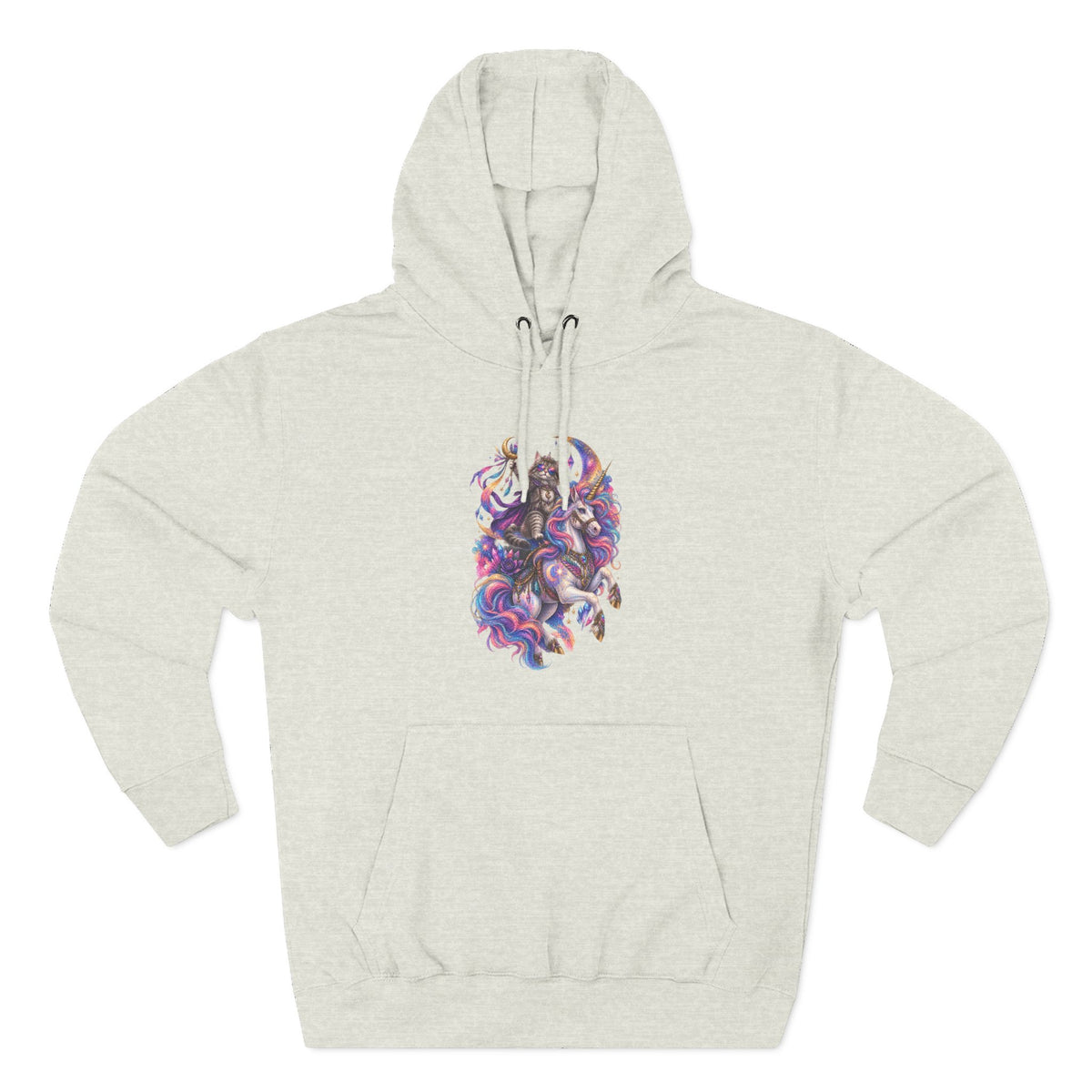 Colorful Cosmic Cat Riding a Unicorn — Vibrant Nebula Graphic Pullover
