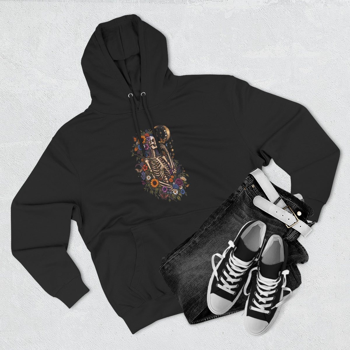 Skeleton Moon Floral Hoodie – Gothic Botanical Graphic Pullover