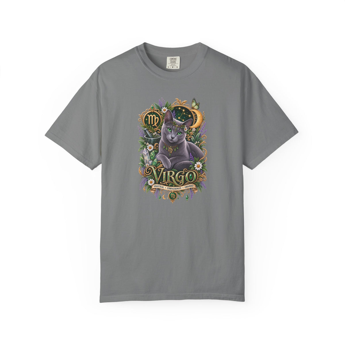 Virgo Cat Zodiac T-Shirt — Virgo Astrology Tee with Russian Blue & Floral Design