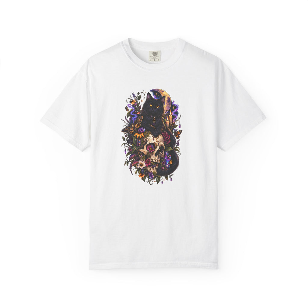 Skull & Black Cat Gothic T-Shirt — Dark Floral Day of the Dead Style
