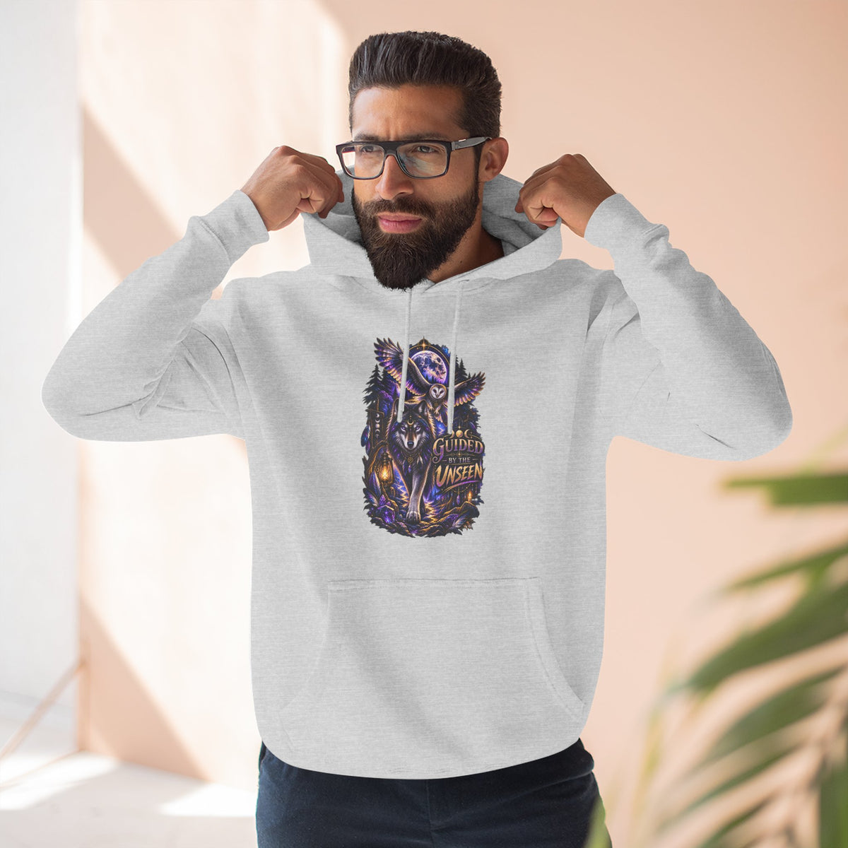 Witchy Owl and Wolf Fleece Hoodie - Mystical Night Forest Graphic- Guided by the Unseen