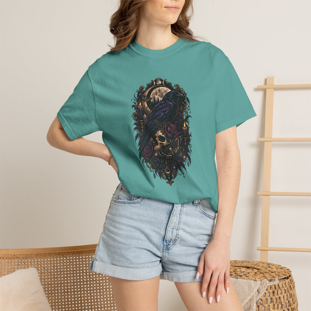 Skull & Crow Graphic Tee — Gothic Vintage Skull with Raven Design