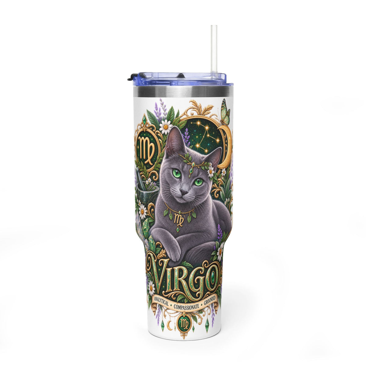 Virgo Cat 40oz Thermal Tumbler — Russian Blue Zodiac Astrology Travel Mug
