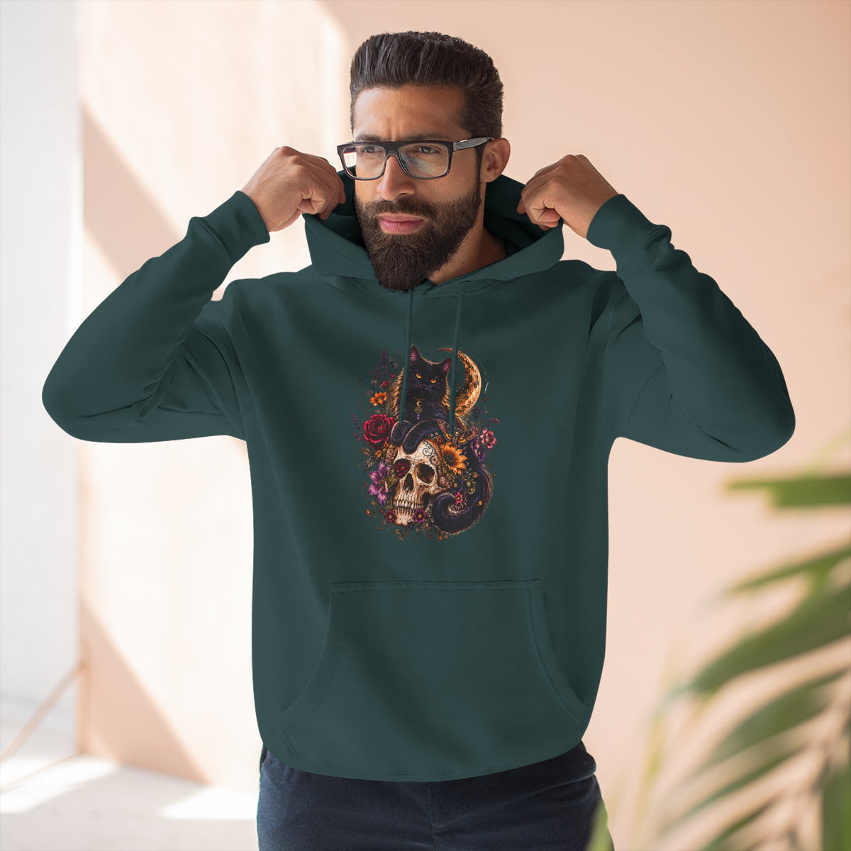 Skull & Cat Hoodie — Romantic Gothic Celestial Moon Graphic Fleece Pullover