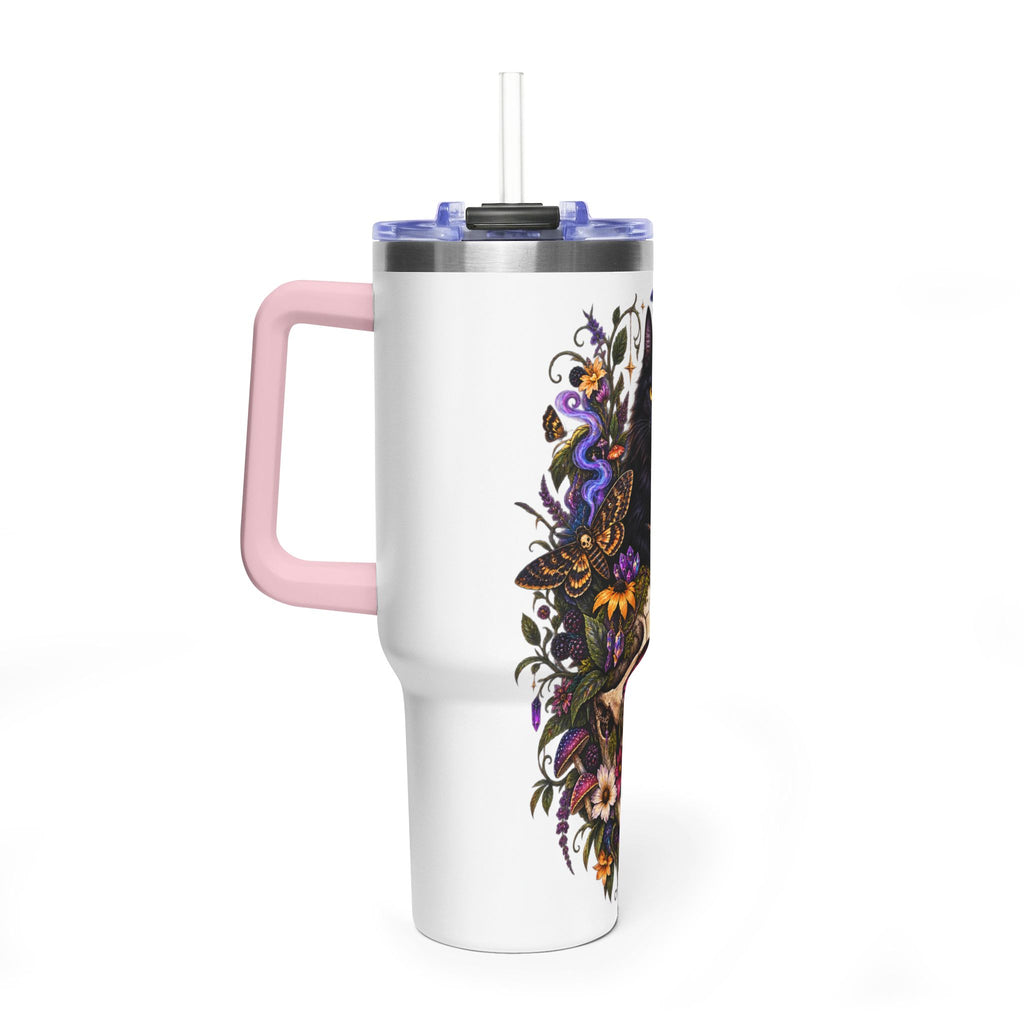 40oz Cat & Skull Thermal Tumbler – Gothic Floral Insulated Travel Mug