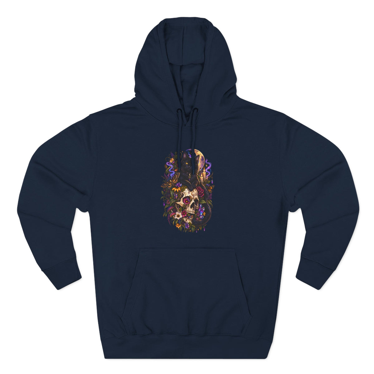Skull Black Cat Hoodie — Romantic Gothic Floral Skull Graphic Fleece Pullover