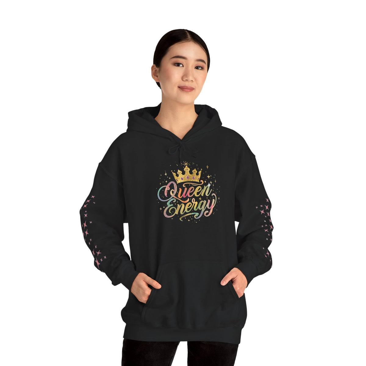 Queen Energy Hoodie — Feminine Crown Graphic Pullover with Star Sleeve Accents