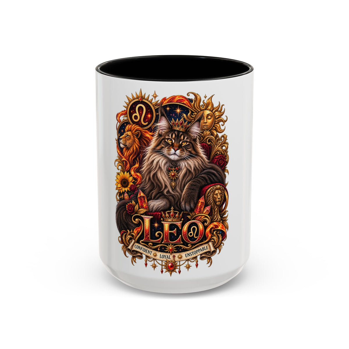 Leo Zodiac Cat Coffee Mug – Maine Coon Astrological Birthday Gift (11/15oz)