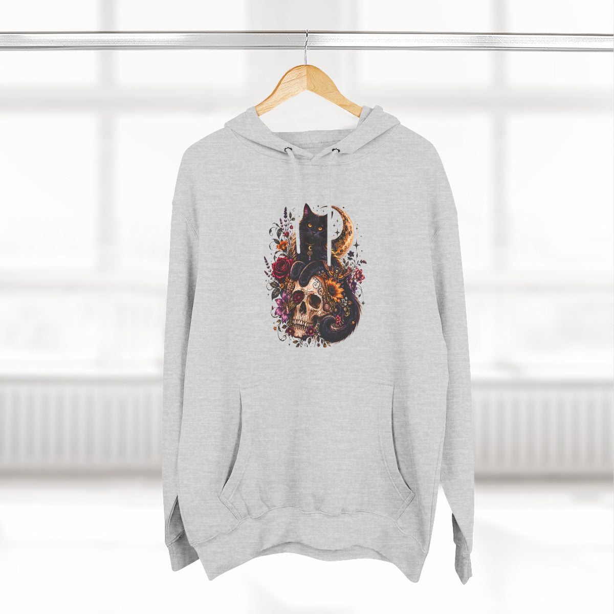 Skull & Cat Hoodie — Romantic Gothic Celestial Moon Graphic Fleece Pullover