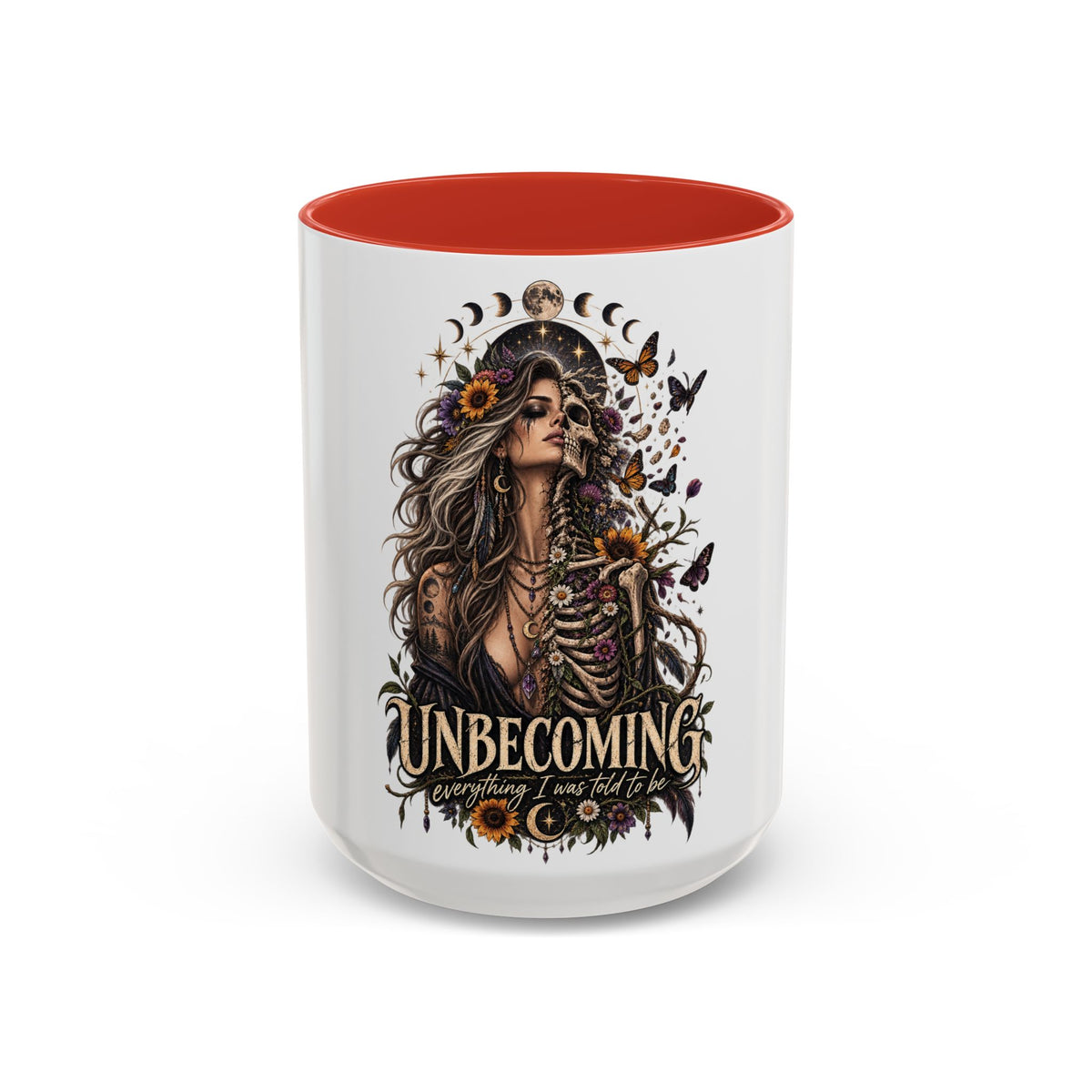 Unbecoming Empowerment Coffee Mug — Sunflowers Woman Skeleton & Moon Phases 11/15oz Accent Mug