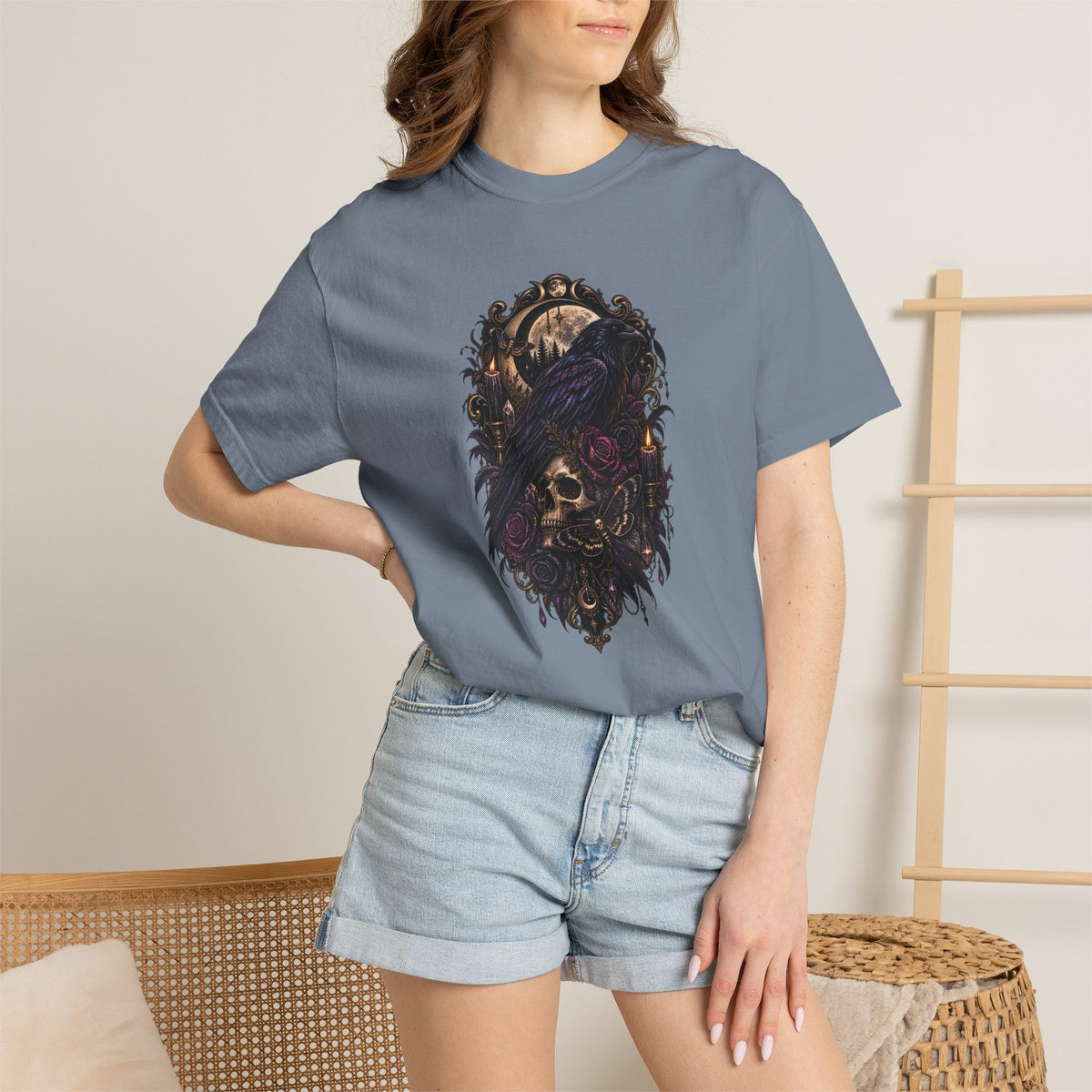 Skull & Crow Graphic Tee — Gothic Vintage Skull with Raven Design