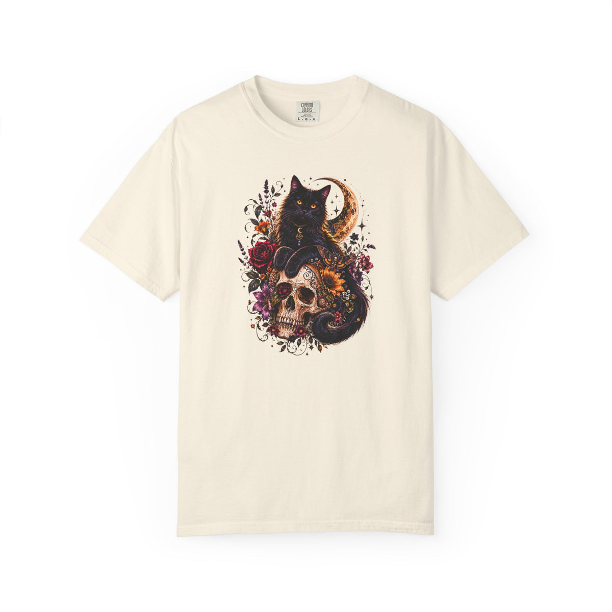 Cat & Skull Gothic T-Shirt — Black Cat Moon Floral Graphic Tee