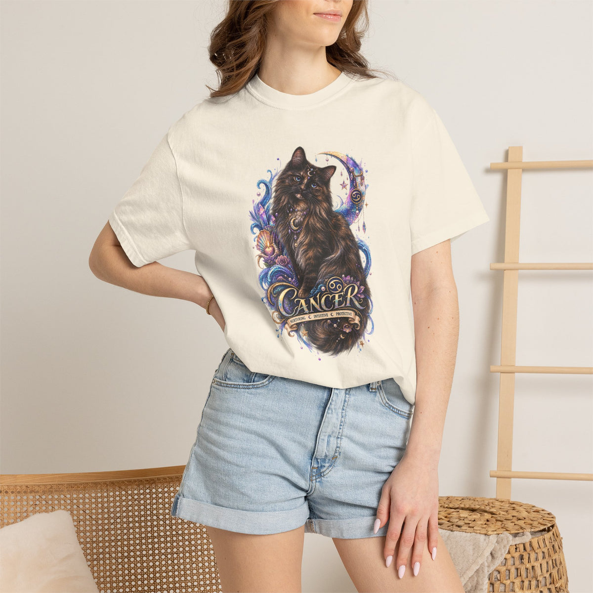 Cancer Zodiac T‑Shirt — Mystical Tortoiseshell   Cat Horoscope Design