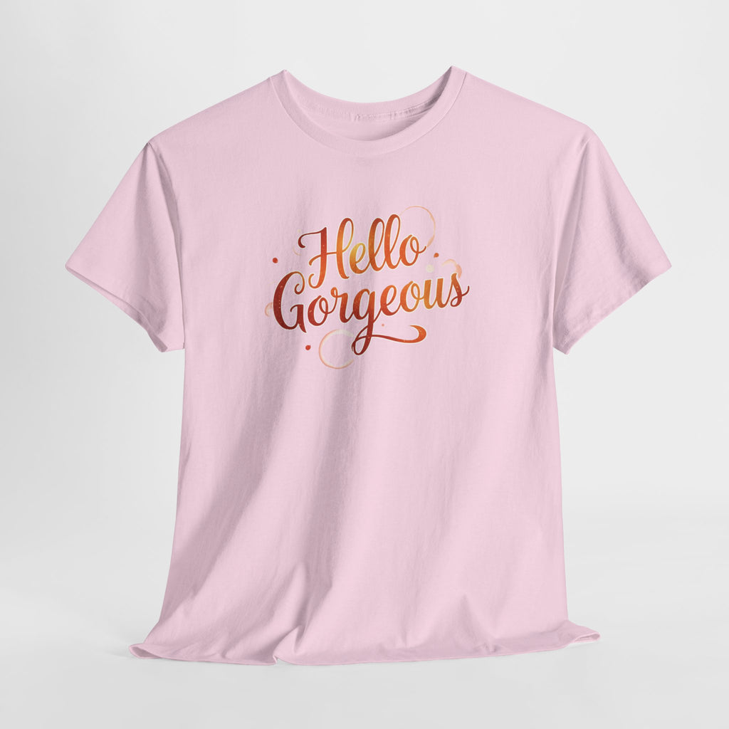 Hello Gorgeous Sunset T-Shirt — Feminine Script Graphic Tee
