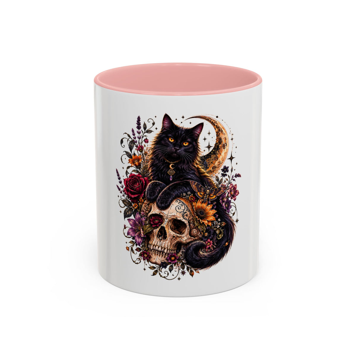 Cat & Skull Accent Coffee Mug — Gothic Black Cat Art Coffee Cup (11/15oz)
