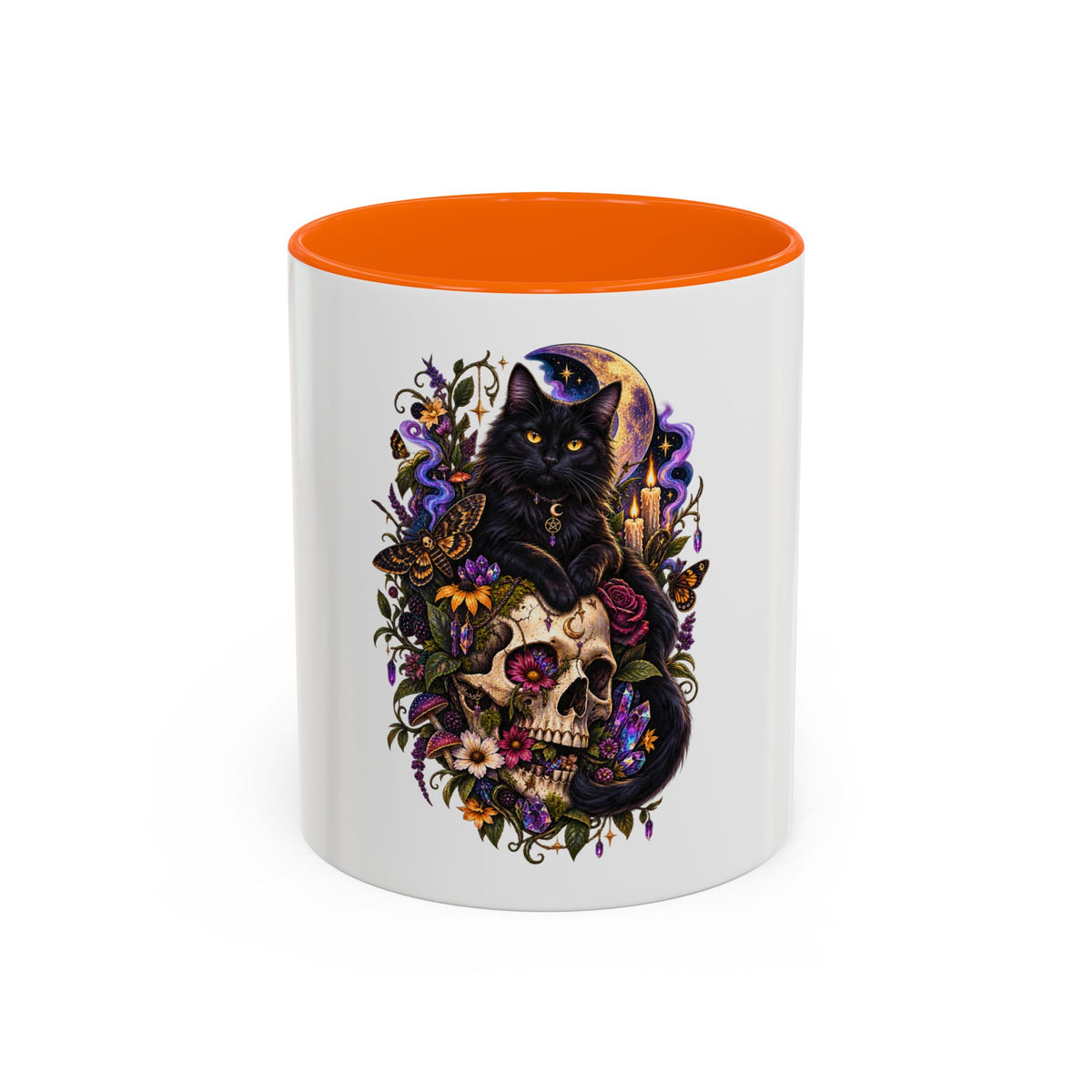 Black Cat & Skull Floral Accent Coffee Mug — Gothic Halloween Coffee Cup (11/15oz)