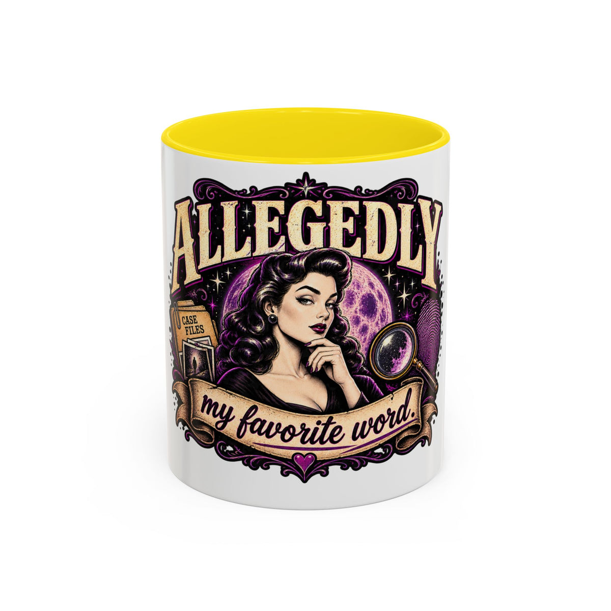 Allegedly Coffee Mug — Retro Pinup Mystery Design