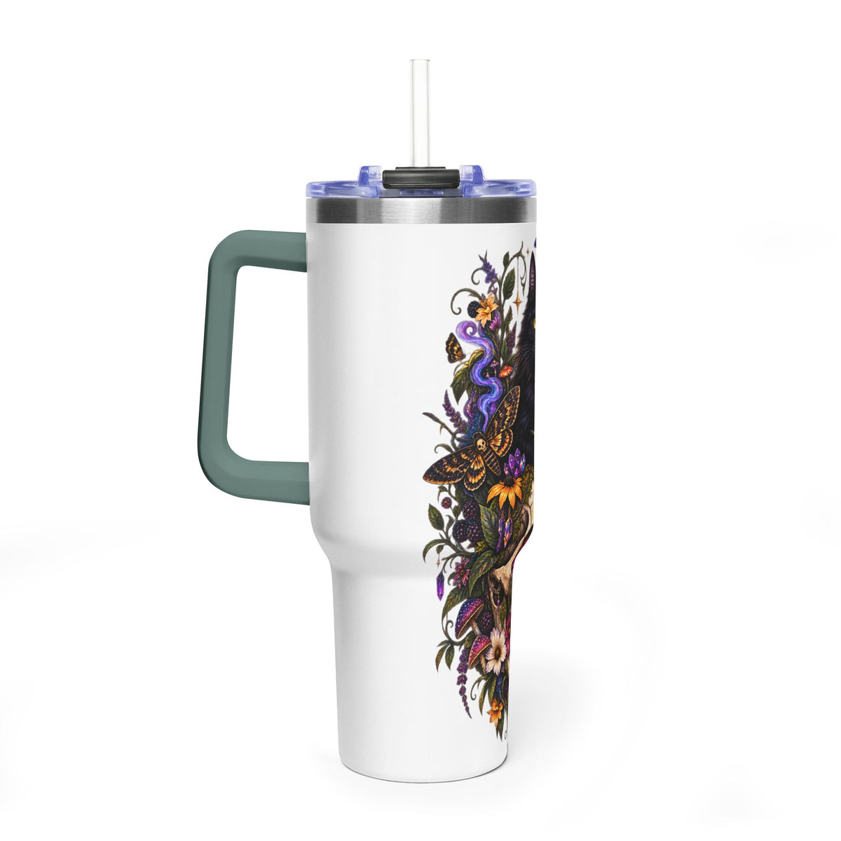 40oz Cat & Skull Thermal Tumbler – Gothic Floral Insulated Travel Mug