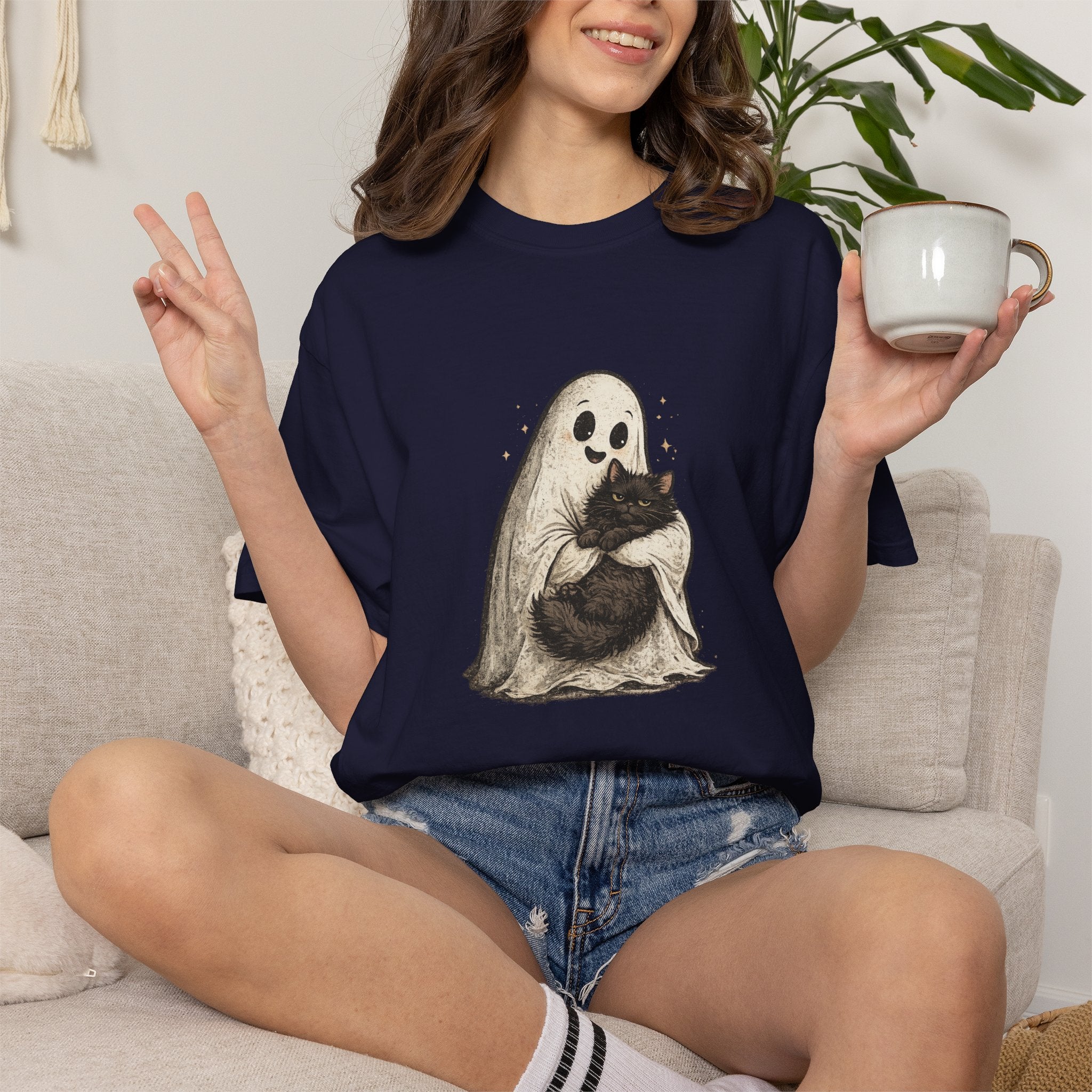 Boo & Meow Ghost Hugging Black Cat T-Shirt | Cute Spooky Tee
