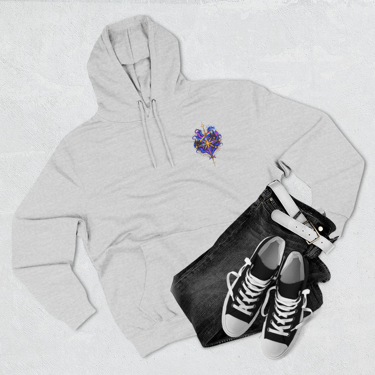 Guided by Light Bound toTruth Fleece Hoodie — Spiritual Galaxy Chest Emblem & Backscape Design