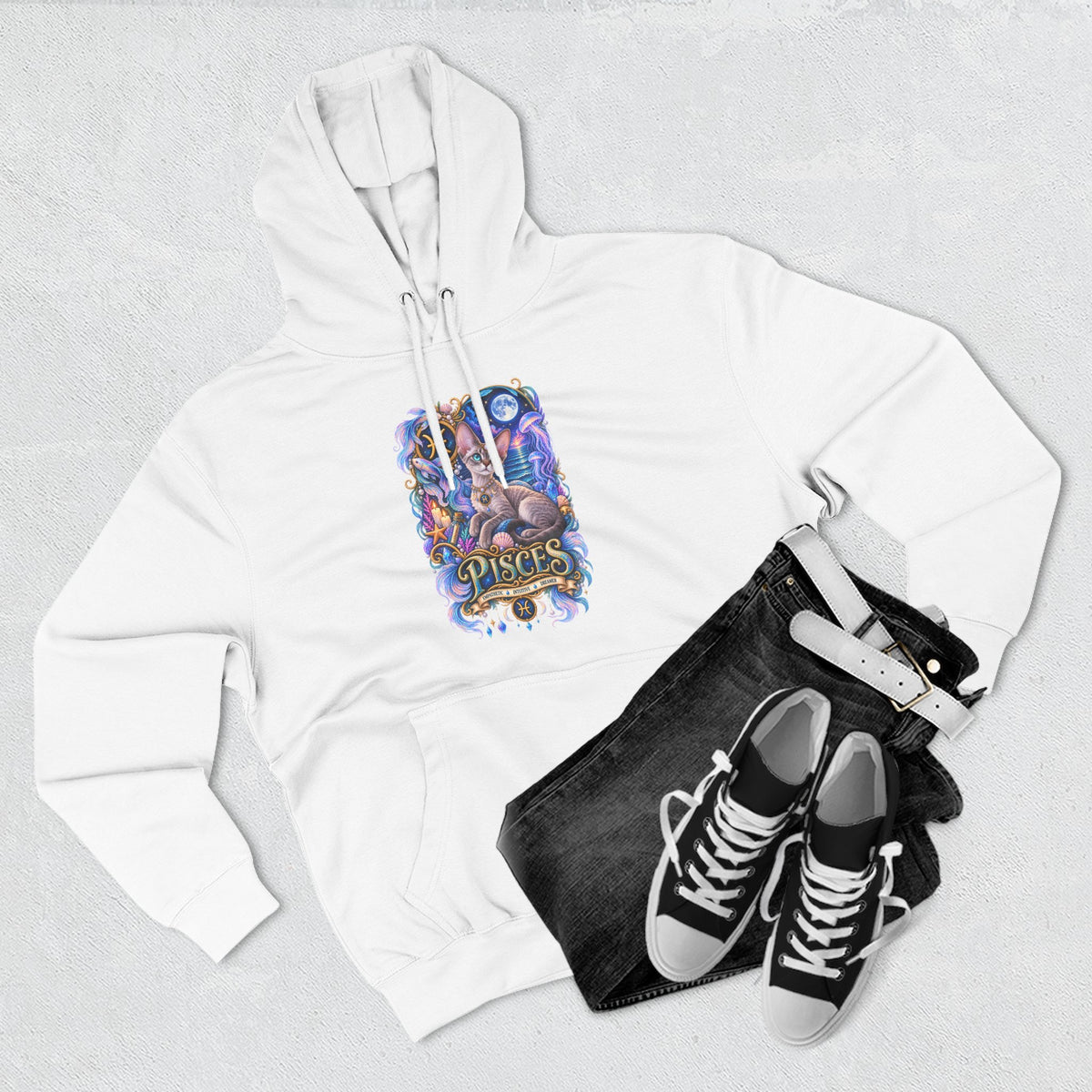 Pisces Zodiac Devon Rex Cat Hoodie — Mystical Watercolor Fish Astrology Pullover
