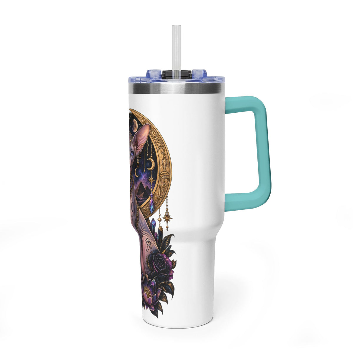 40oz Sphynx Cat Tumbler — Mystical Moon Vacuum Insulated Travel Mug
